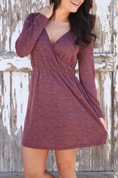 Fashion Simple Plain V-Neck Long Sleeve Wrap T-shirt Mini Dress