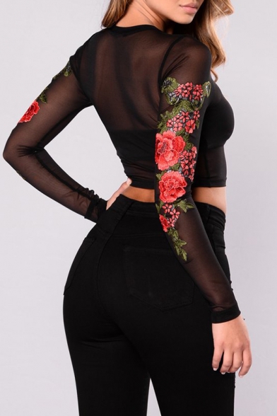 Floral Pattern Long Sleeve Round Neck Sexy Sheer Cropped Tee