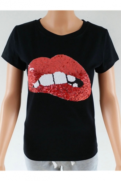 Hot Lips Mouth Sequined Printed Round Neck Short Sleeves Pullover Casual Tee