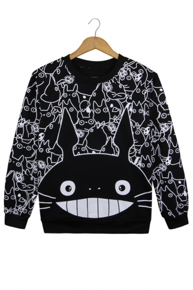Lovely Cat Cartoon Pattern Long Sleeves Round Neck Monochrome Pullover Sweatshirt