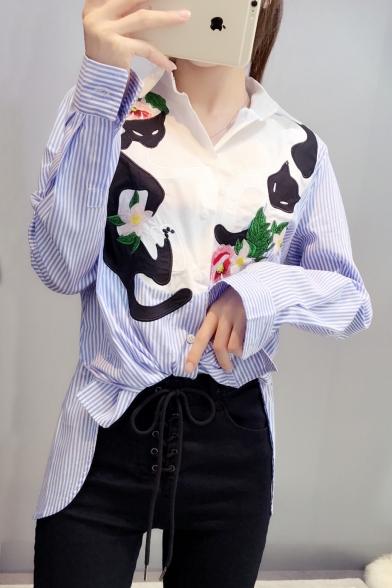 New Stylish Lapel Striped Cat & Floral Embroidery Button Down Shirt