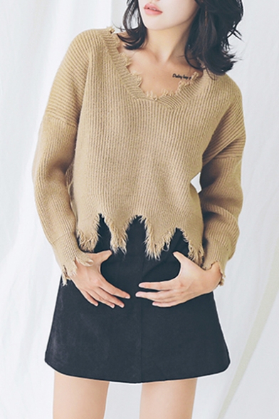 New Trendy V-Neck Long Sleeve Simple Plain Tassel Pullover Sweater