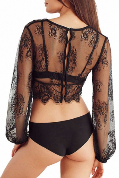 Sexy V-Neck Lace Inserted Long Sleeve Cropped Cover Up Swimwear
