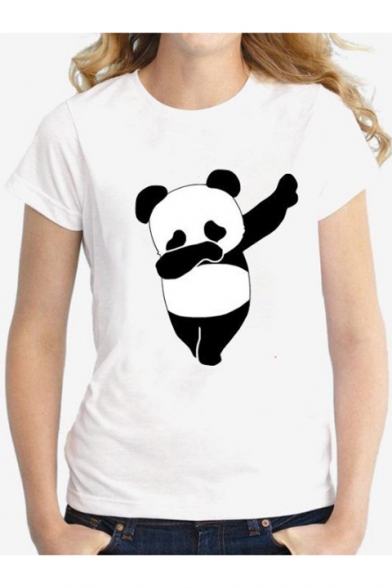 Simple Dancing Panda Pattern Round Neck Short Sleeves Slim-Fit Tee