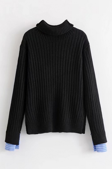 Simple Plain Cuff Panel Turtleneck Long Sleeve Pullover Sweater