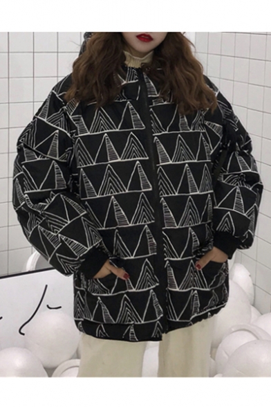 Stylish Allover Geometric Portrait Pattern Long Sleeves Zippered Hooded Quilted Coat with Pockets