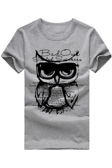 Stylish Round Neck Short Sleeve Owl & Letter Print T-shirt