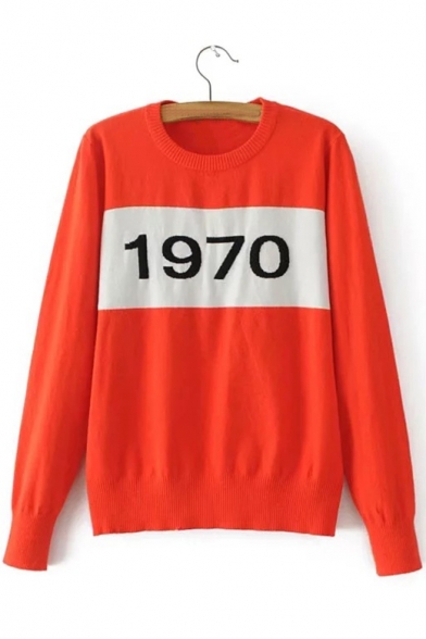 Trendy Number Pattern Color Block Long Sleeves Pullover Slim-Fit Sweater