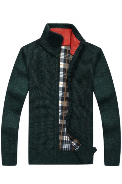 Trendy Stand-up Collar Long Sleeve Plain Zippered Sweater