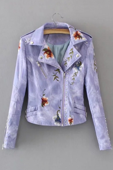 Women's Fashion Floral Embroidered Rivet Embellished Notched Lapel Cool Zippered Biker Jacket