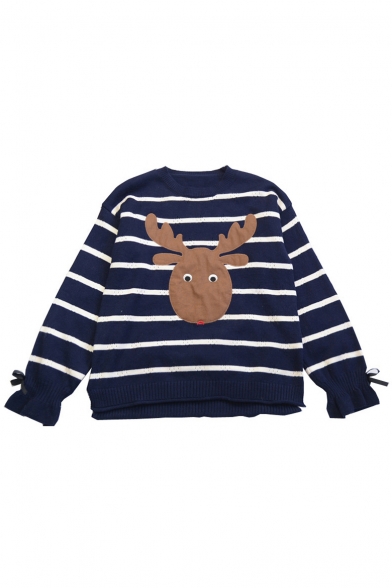 Adorable Deer Cartoon Patched Striped Pattern Bow Sleeves High Low Hem Pullover Sweater