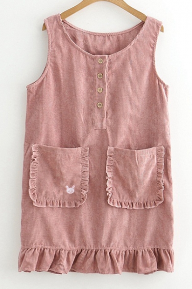 Adorable Round Neck Buttons Ruffled Hem Mini Overall Dress with Pockets