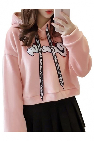 Chic Embroidered Long Sleeve Leisure Hoodie with Letter Ribbons