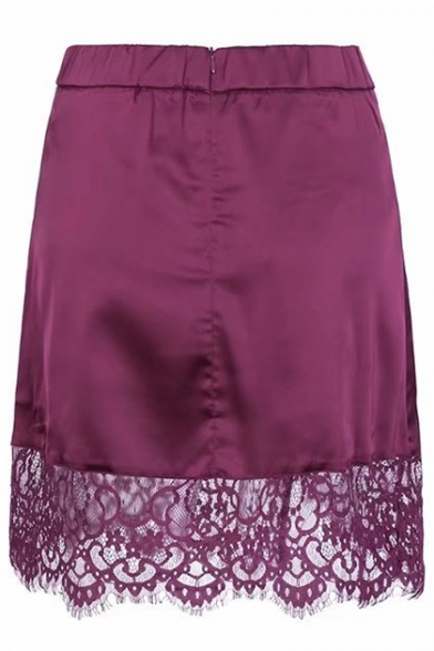 Chic Simple Plain Lace Panel Zip Fly Asymmetric Skirt