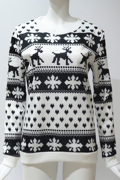 Christmas Deer Print Round Neck Long SLeeve Pullover Sweatshirt