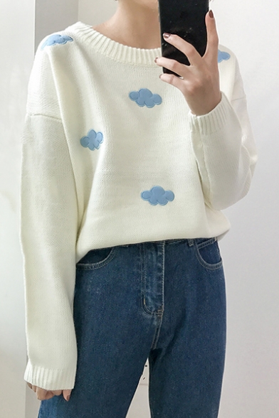 Cloud Patchwork Round Neck Long Sleeve Pullover Sweater