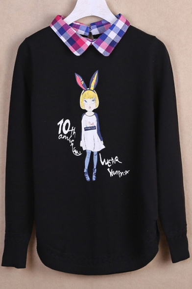 Cute Cartoon Girl Letter Print Fake Two-Piece Plaid Collar Pullover Sweater