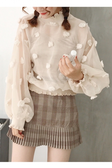 Elegant Floral Pattern Balloon Sleeves High Neck Ruffle Trimmed Mesh Blouse with Vest
