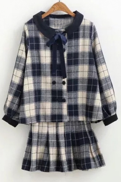 Elegant Tartan Plaids Lapel Double Breasted Long Sleeves Pleated Warm Co-ords
