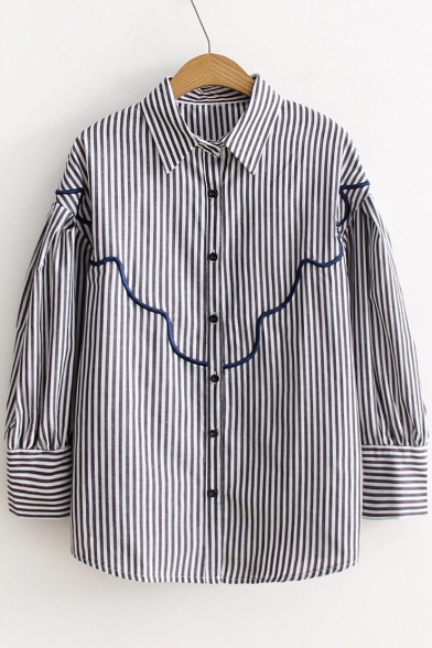 Fancy Striped Pattern Button Down Point Collar Causal Shirt