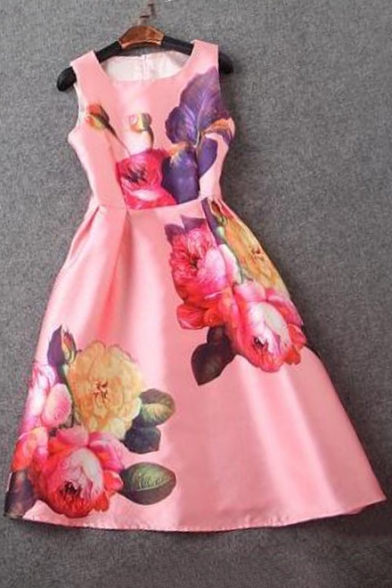 Fashion Floral Print Round Neck Midi A-line Dress
