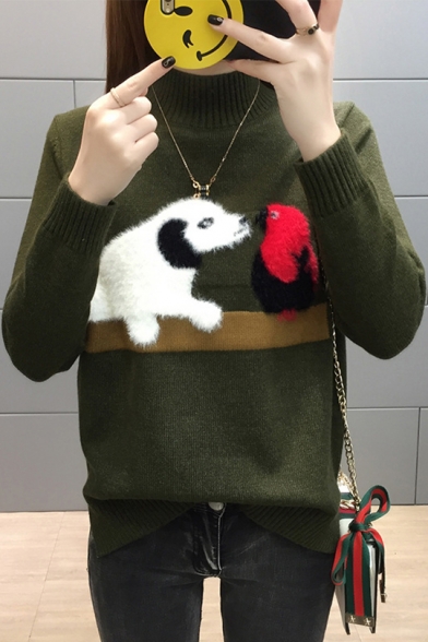 Lovely Color Block Animal Applique Pattern Stand Up Neck Long Sleeve Pullover Sweater