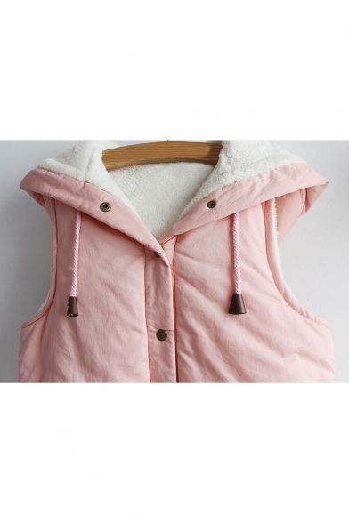 Lovely Paw Printed Button Down Sleeveless Fur Padded Winter Vest with Drawstring & Ears