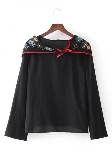 New Stylish Floral Print Round Neck Long Sleeve Blouse
