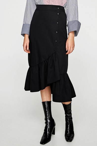 New Stylish Plain High Waist Ruffled Hem Asymmetric Midi Skirt