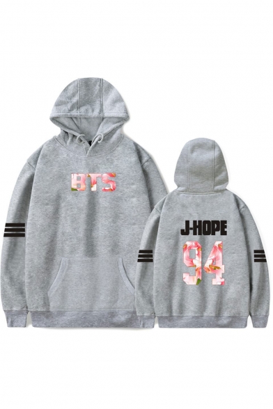 Popular Letter Number Striped Pattern Long Sleeves Pullover Loose Hoodie with Pocket