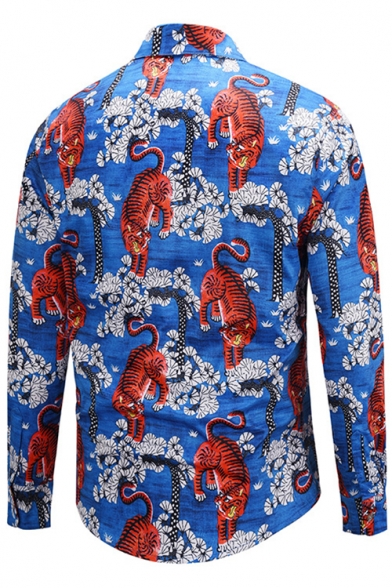Popular Tiger Floral Printed Point Collar Long Sleeves Button Down Shirt