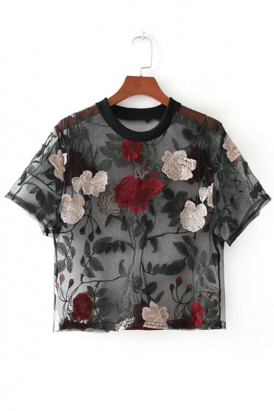 

Sexy Floral Embroidered Round Neck Sheer Mesh Short Sleeve Cropped Tee, LC458552