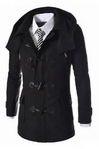 Simple Plain Detachable Hood Long Sleeve Toggle Slim-Fitted Tunic Coat ...