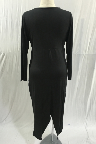 Simple Plain Round Neck Long Sleeves Twist-Front Split Back Tulip Hem Midi Asymmetrical Dress
