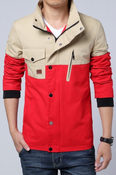 Stylish Color Block Long Sleeves Single-Breasted Zippered Utility Jacket with Pocket
