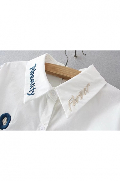 Stylish Lapel Embroidery Button Down Striped Cuffs Long Sleeve Shirt