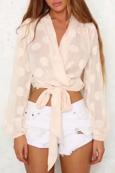 Stylish Polka Dotted Long Balloon Sleeves Wrap Front Bow Tie-Waist Cropped Blouse