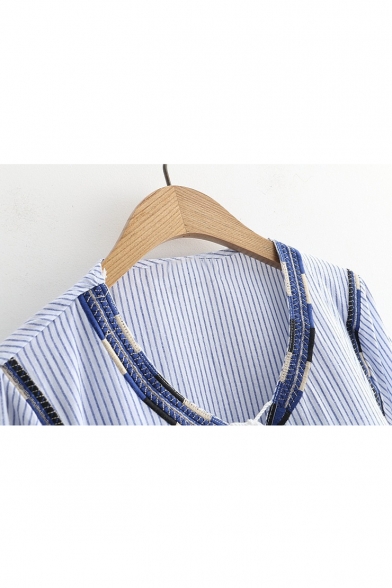 Stylish Stripe Drawstring Neck Contrast Hem Long Sleeve Smock Blouse