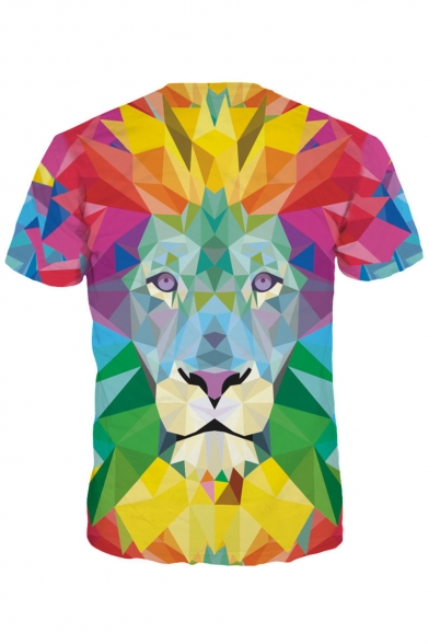 Summer Fashion Colorful Color Block Lion Printed Round Neck Short Sleeve Tee