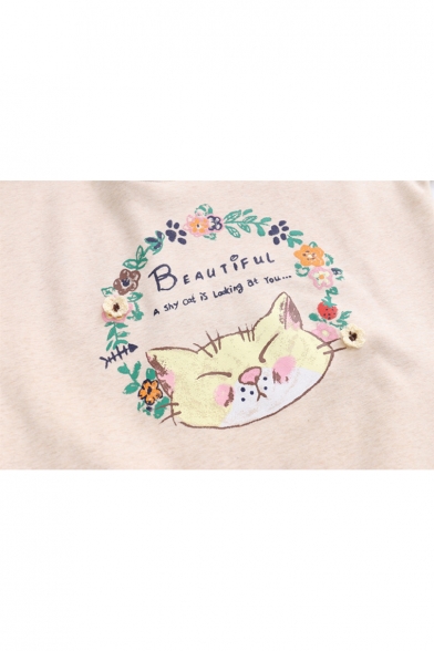Trendy Cat Paws Letter Floral Printed Point Collar Long Sleeves Pullover Sweatshirt