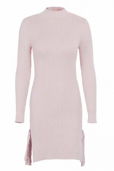 Trendy Long Sleeve Simple Plain Bodycon Tie Side Knitted Dress