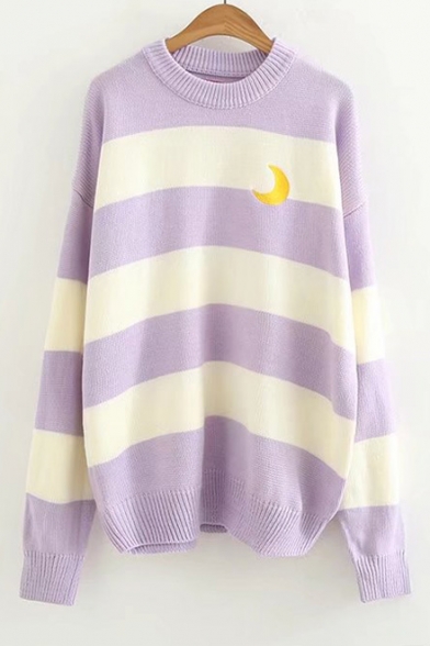 Trendy Moon Embroidered Striped Long Sleeves Round Neck Loose Sweater