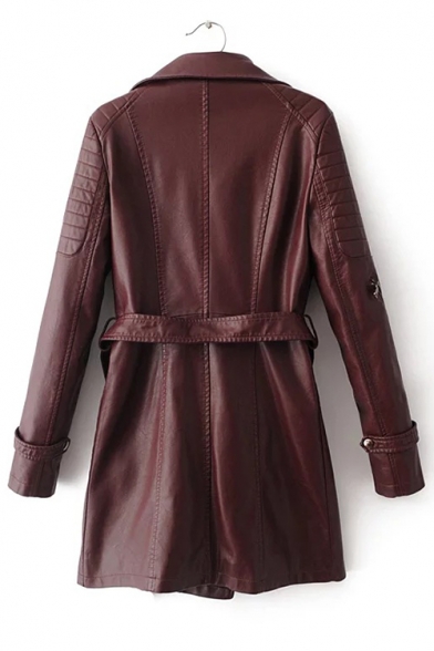 Warm Notched Lapel Long Sleeves PU Patched Zippered Longline Coat with Pockets