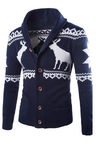Winter's Collection Lapel Button Down Long Sleeves Deer Ethic Pattern Cardigan with Pockets
