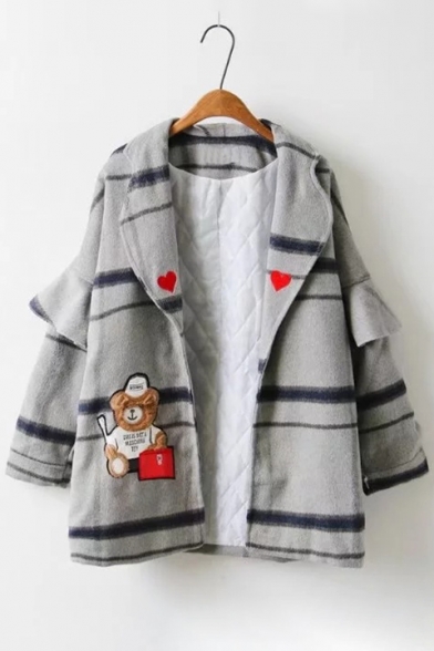 Chic Cartoon Bear Plaid Pattern Ruffle Long Sleeve Tunic Coat