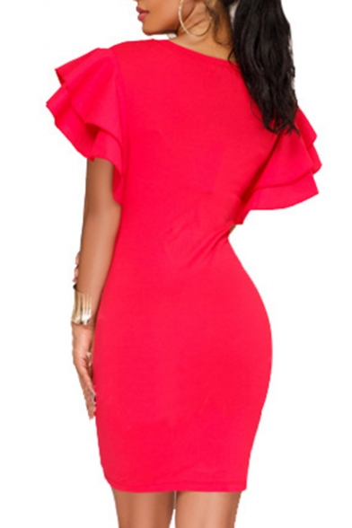 Bodycon Flounce Short Dresses Plain Neck Sleeve Round city