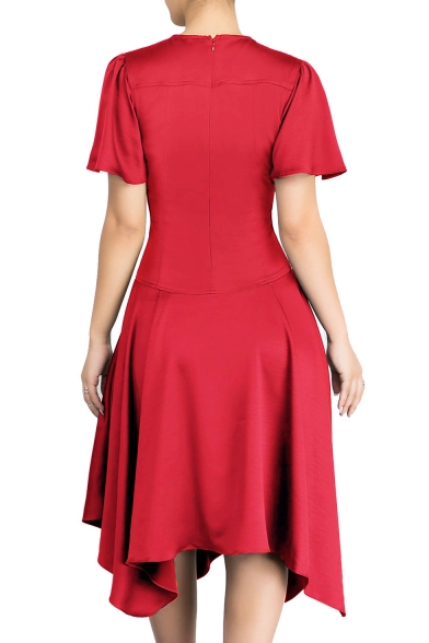Chic Simple Plain Crosscrioss Front Asymmetric Hem Short Sleeve Midi Dress
