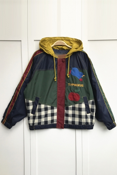 Childish Color Block Apple Mole Embroidered Checkered Plaids Zippered Hooded Over-Sized Coat