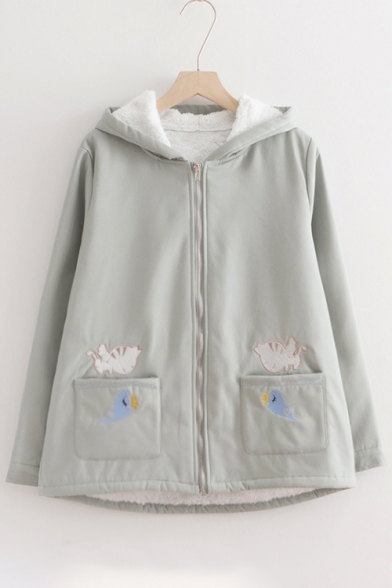 Cute Cat Fish Pattern Long Sleeves Zippered Hooded Padded Loose Coat