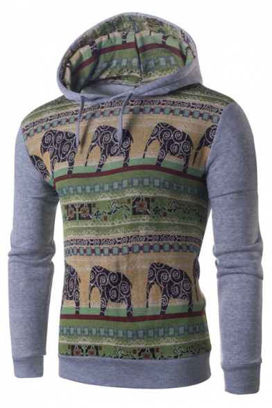 Ethic Elephant Pattern Color Block Long Sleeves Pullover Hoodie with Drawstring